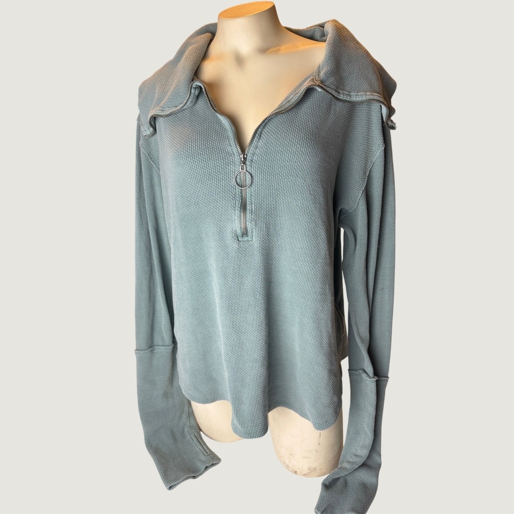 We the free Green Blue Waffle Knit Half Zip Funnel Neck Oversized Pullover